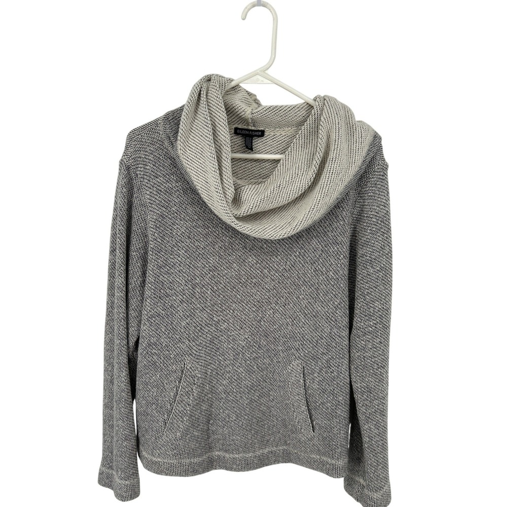 Eileen Fisher Organic Cotton Cowl Neck Pullover Sweater Gray White Marled Small